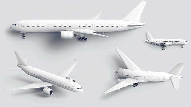 White airplanes from different angles isolated on white background