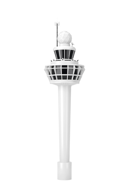 White Airport Air Traffic Control Tower Building in Clay Style on a white background. 3d Rendering