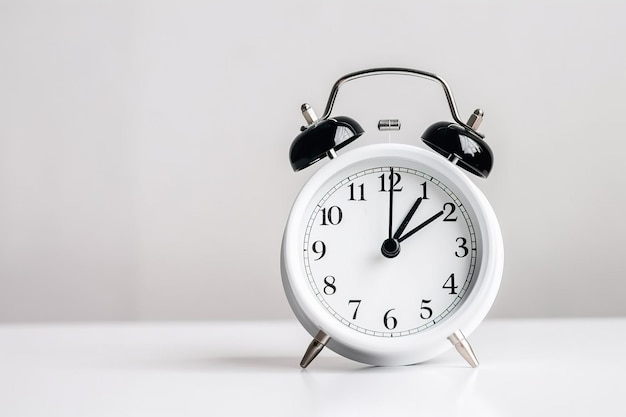 White alarm clock on a white background with copy space