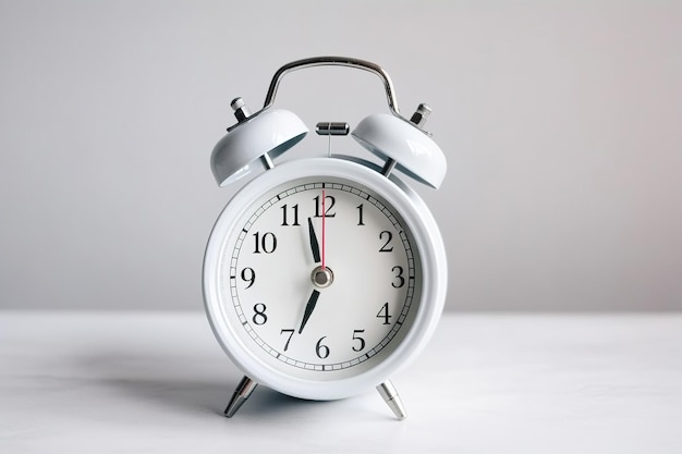 White alarm clock on a white background with copy space