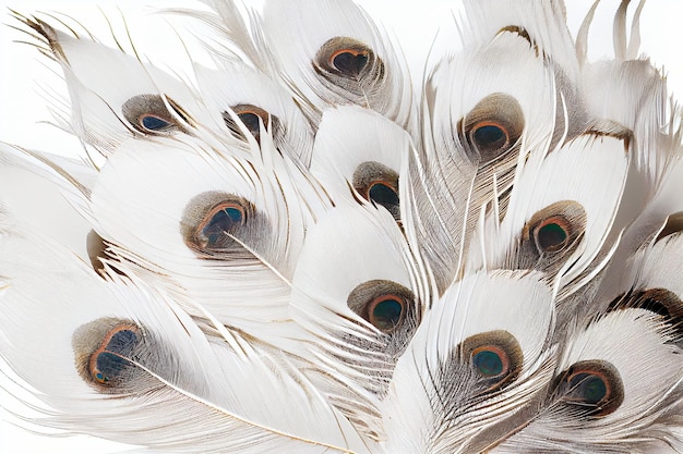 White albino peacock feathers closeup on white isolated background design background copy space Generative AI