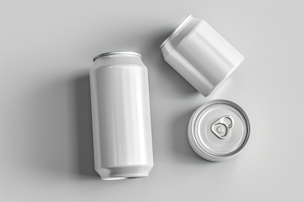 Photo white aluminium cans top view opened and closed