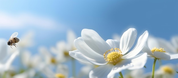 White anemone flower with yellow stamens and butterfly AI generated image