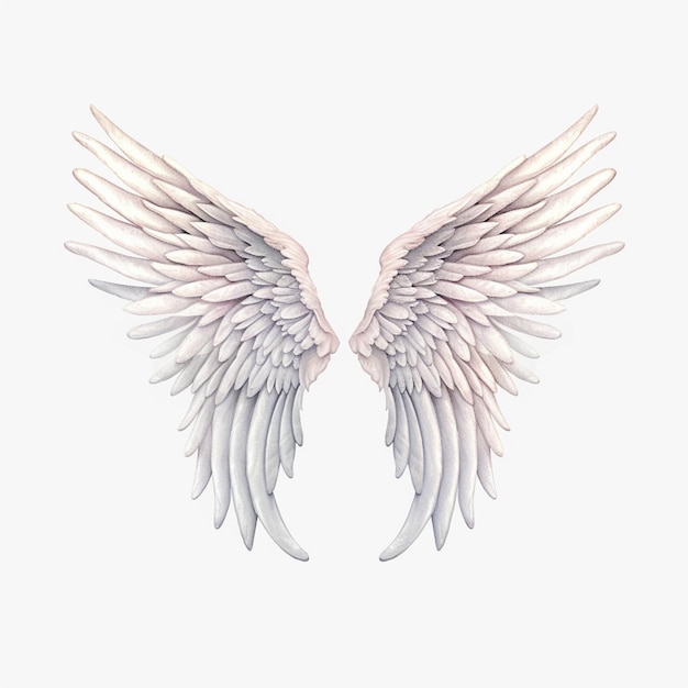 A white angel's wings with white feathers and the word angel on the left.