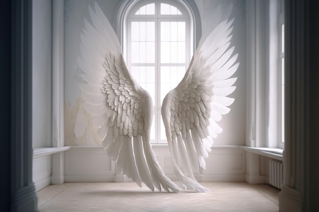 A white angel with wings is in a room with a window.