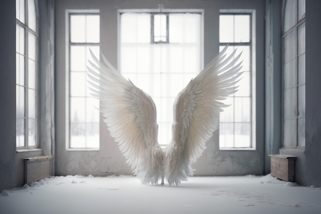 A white angel with wings stands in front of a window.