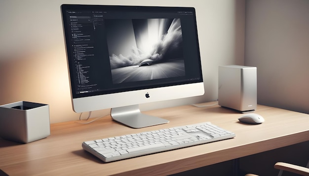 Photo a white apple computer is on a desk with a black and white keyboard