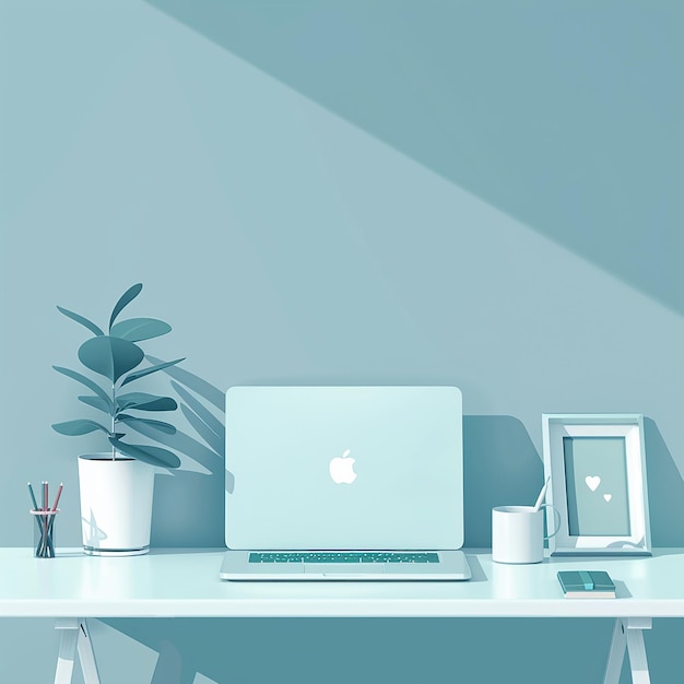 a white apple laptop sits on a desk with a plant in the corner