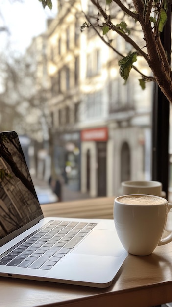 Photo a white apple laptop sits on a table with a coffee cup and a coffee cup ar 916 v 61 job id 04cab98e34914898b807c17c9ec3df0f