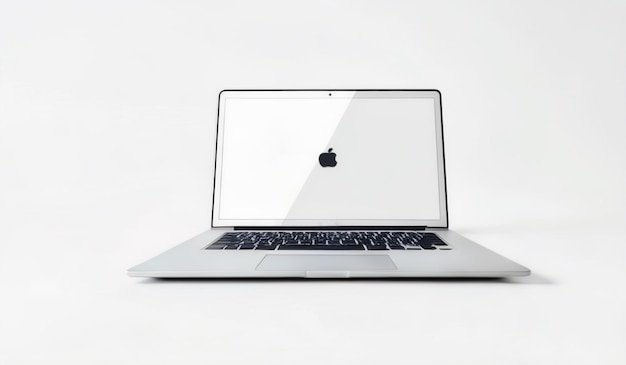 Photo a white apple laptop with the screen open and the screen is off