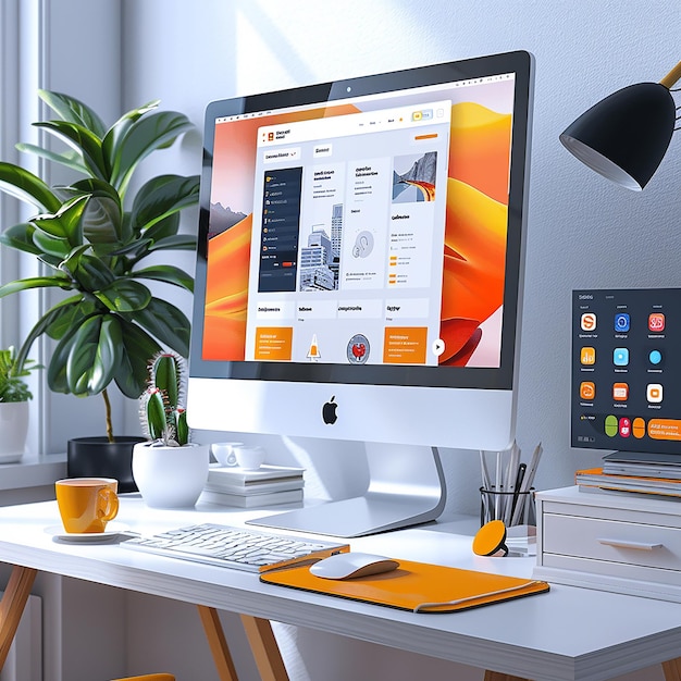 a white apple monitor is on a white desk with a yellow cover