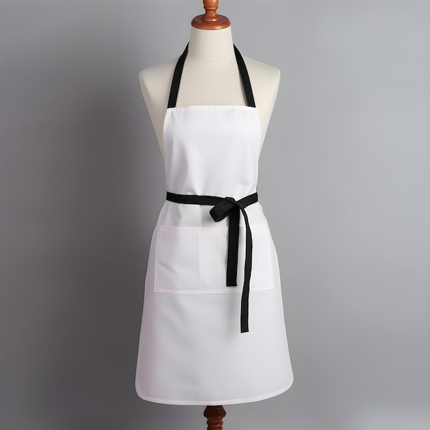 A white apron with a black ribbon on it