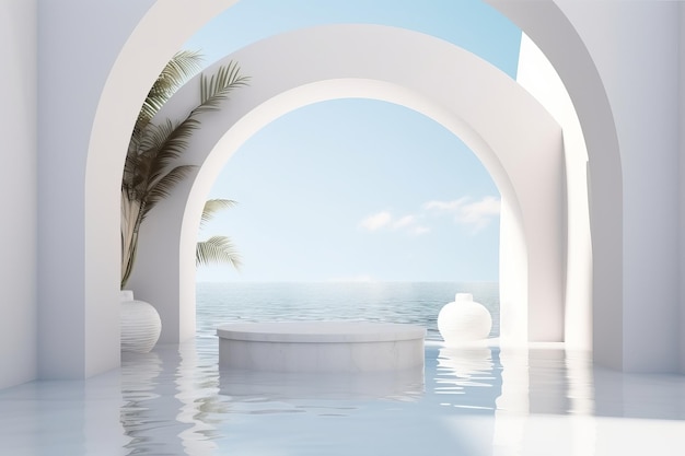 White arch background with marble podium on water for product presentation Summer scene 3D rendering