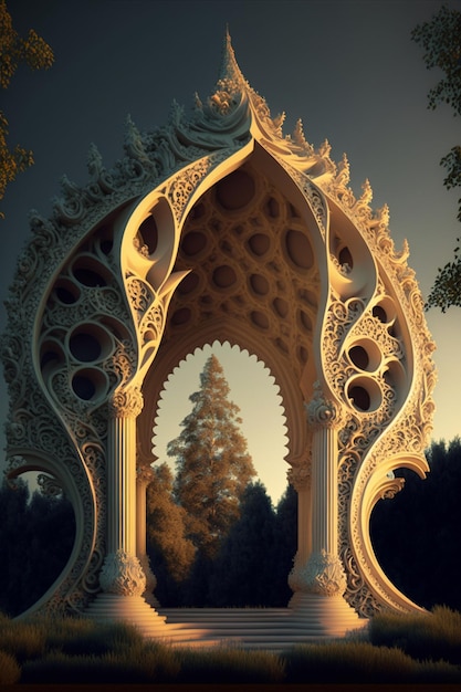 White arch in the middle of a park generative ai