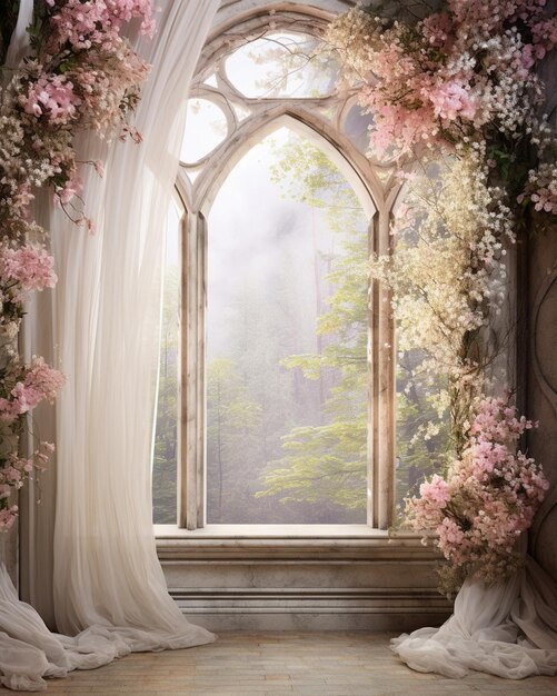 Photo white arch and pink flowers surround window