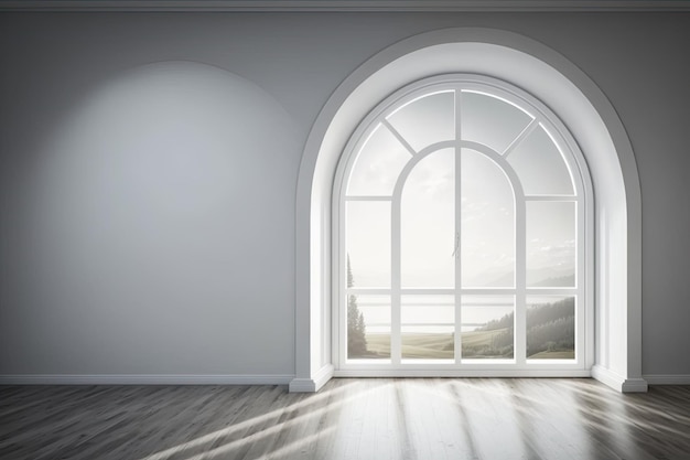 White arch wall with a window in the interior against a sky background