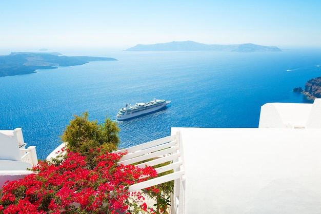 White architecture and blue sea on Santorini island, Greece. Summer holidays, travel destinations concept