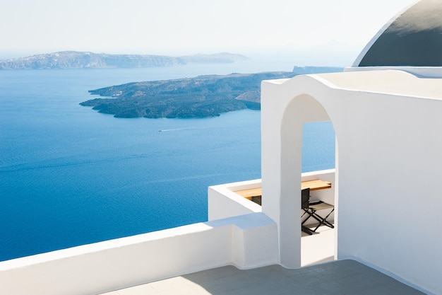 White architecture and blue sea, Santorini island, Greece.