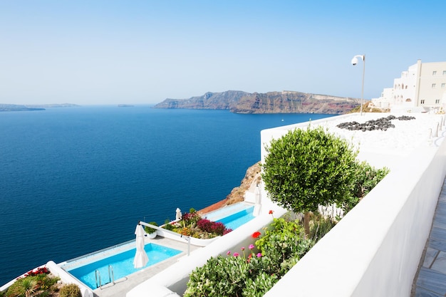 White architecture on Santorini island, Greece. Beautiful landscape, sea view.