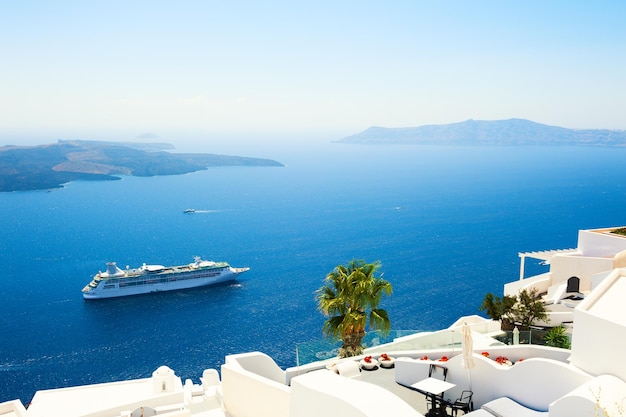 White architecture on Santorini island, Greece. Beautiful landscape with sea view. Travel and vacation