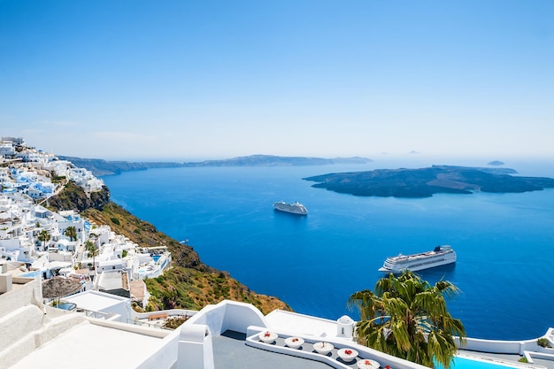 White architecture on Santorini island, Greece. Beautiful landscape with sea view