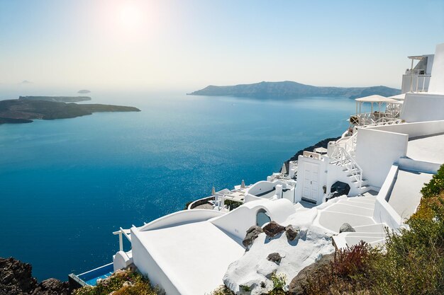 White architecture on Santorini island, Greece.  Beautiful landscape with sea view