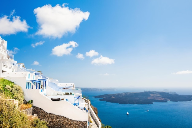 White architecture on Santorini island, Greece. Beautiful landscape with sea view