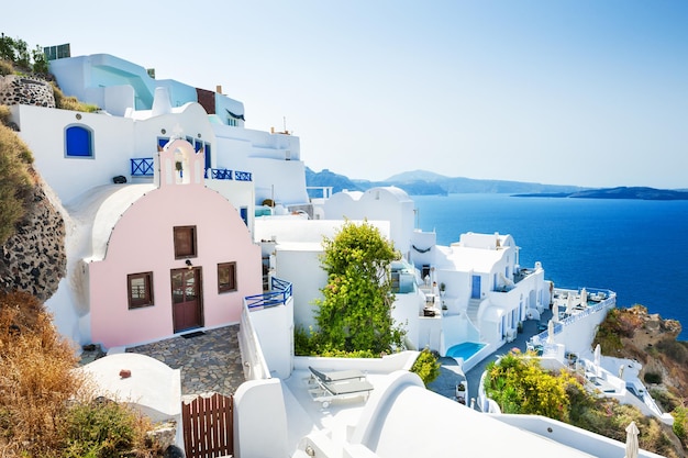 White architecture on Santorini island, Greece. Beautiful landscape with sea view