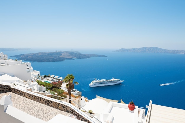 White architecture on Santorini island, Greece. Beautiful summer landscape, sea view.