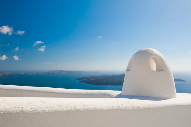 White architecture on Santorini island, Greece. Beautiful summer landscape, sea view.