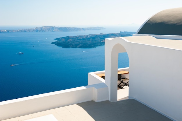 White architecture on Santorini island, Greece. Beautiful summer landscape, sea view.