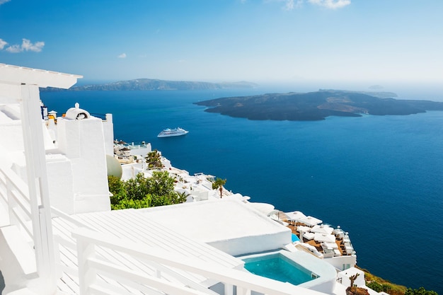 White architecture on Santorini island, Greece. Beautiful summer landscape, sea view