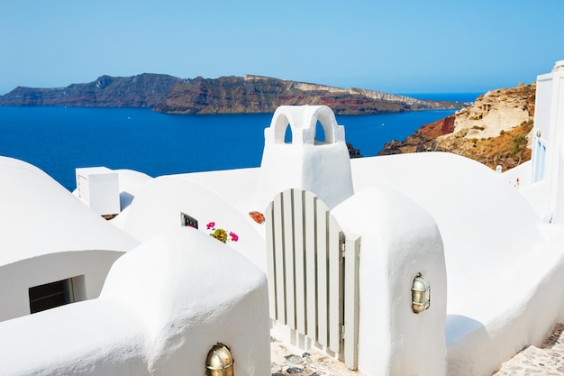 White architecture on Santorini island, Greece. Beautiful summer landscape, sea view