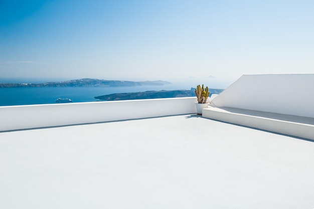 White architecture on Santorini island, Greece. Beautiful summer landscape with sea view