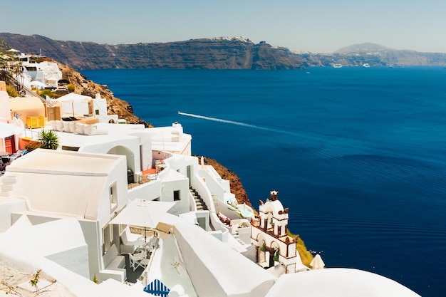 White architecture on Santorini island, Greece. Summer landscape, sea view. Famous travel destination