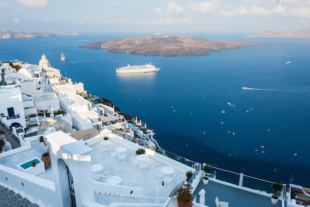 White architecture on Santorini island, Greece. Summer landscape, sea view