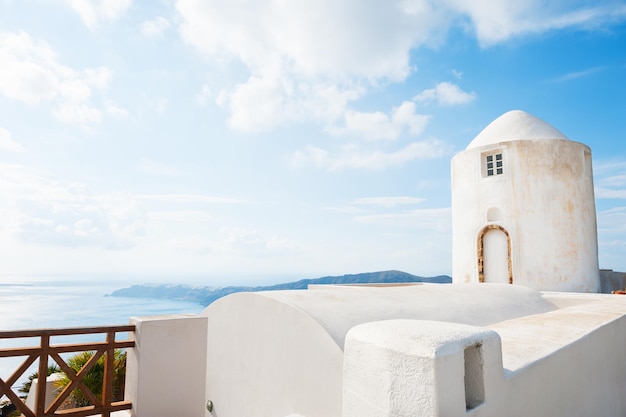 White architecture on Santorini island, Greece. Summer landscape, sea view