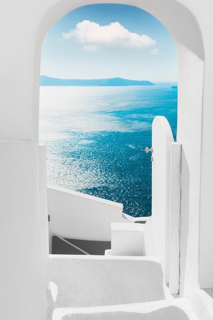 White architecture on Santorini island, Greece. Summer seascape. View of the sea and the blue sky