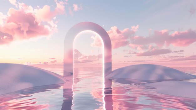 Photo a white archway stands in the middle of a pastelcolored lake surrounded by fluffy clouds