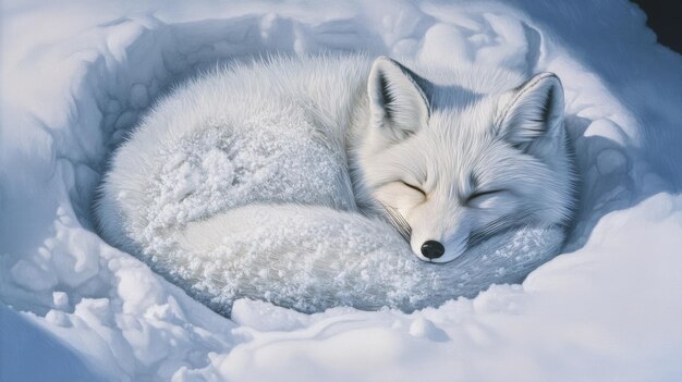 A White Arctic Fox Napping in a Snowy Den