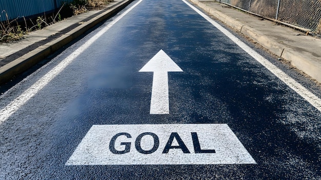 White Arrow and Goal Sign on a Black Asphalt Road