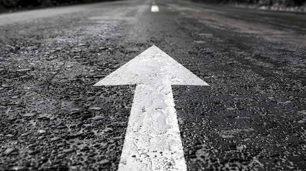 White arrow painted on wet asphalt road pointing forward