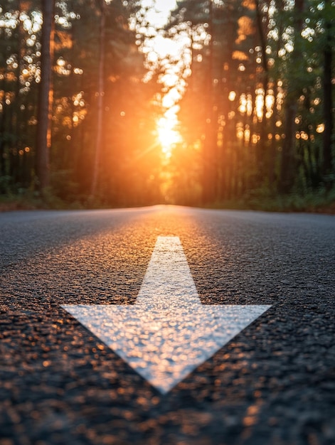 A white arrow pointing upwards on a road