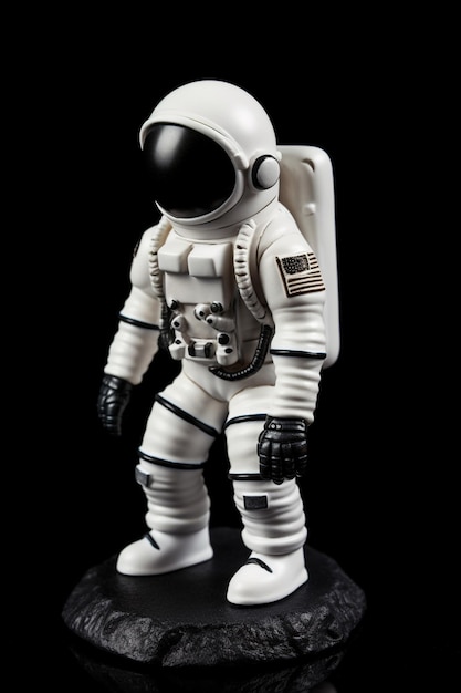 A white astronaut figurine with the word space on it.