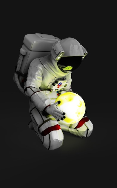 White astronaut sitting and holding the moon planet looking upset or sad and waiting