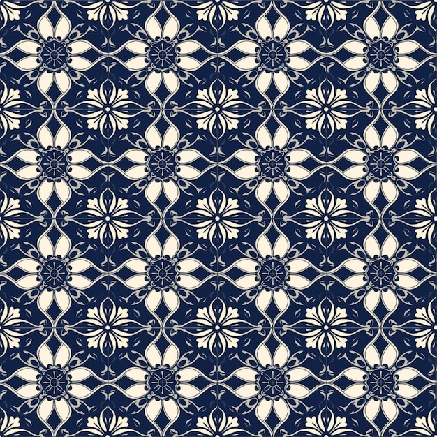 White Azulejo Seamless Pattern on Navy Background