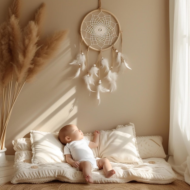 White baby clothes on a beige background bodysuit mockup on a boho background