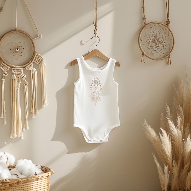 White baby clothes on a beige background bodysuit mockup on a boho background