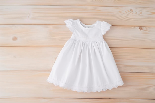 White baby dress on a wooden background Template mockup flat lay