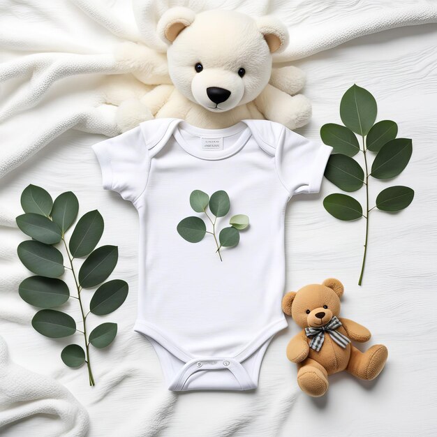 a white baby shirt with a bear on it and a teddy bear on the front